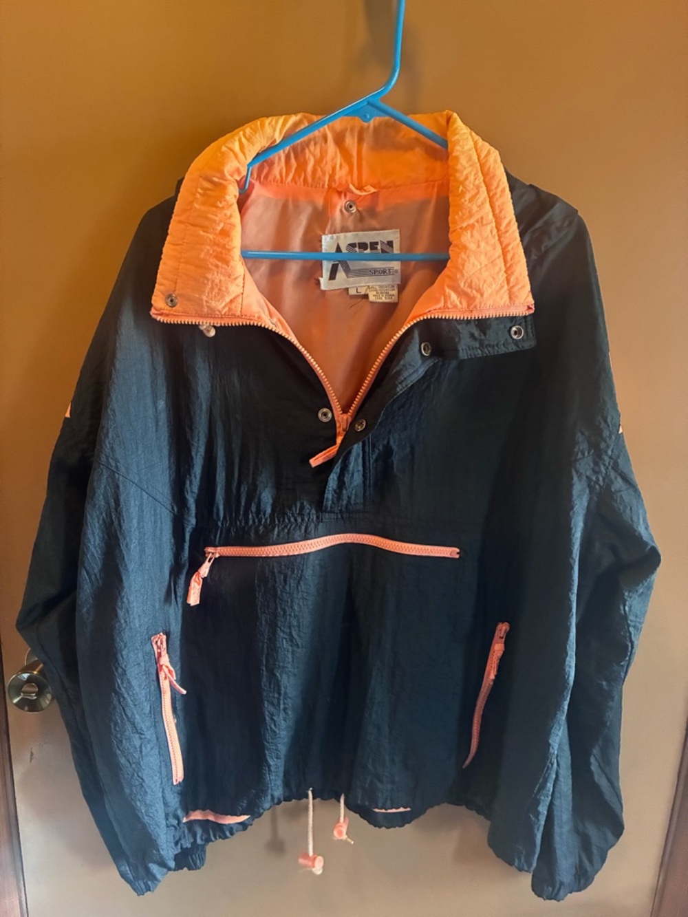 Vintage Black Pullover Windbreaker with Peach Trim with hood